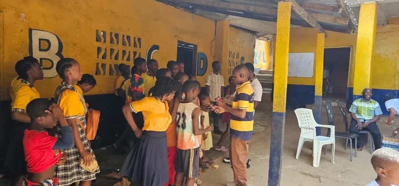 Children gathered in the orphanage courtyard